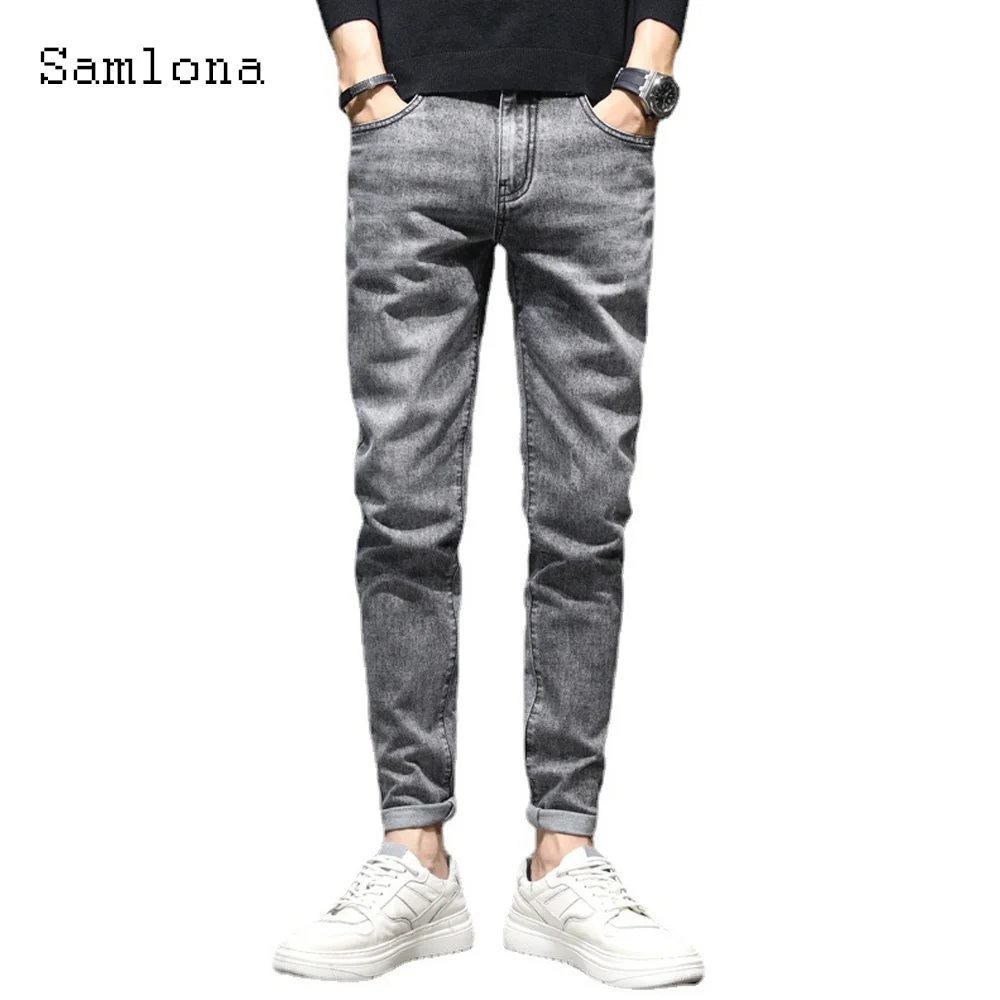 Samlona Men Jeans Casual Skinny Demin Pants Kpop Trend 2022 Autumn Winter Leisure Pants Male Demin Trousers Korean Slim Pantalon