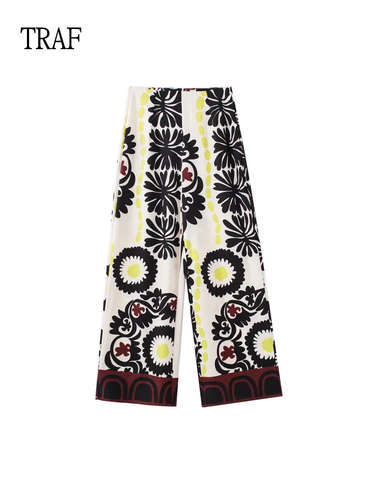 

TRAF Women Pants 2022 Vintage Print Wide Leg Pants Woman High Waist Trouser Loose Women Clothing Boho Casual Streetwear Pant