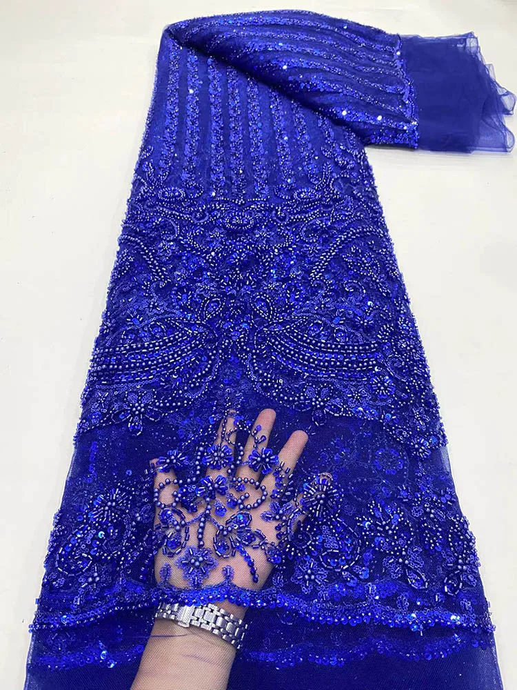 

Roaly Blue African Net Lace Fabric 2022 High Quality French Mesh Lace Fabric With Beads Sequins Nigerian Lace Fabric For Wedding