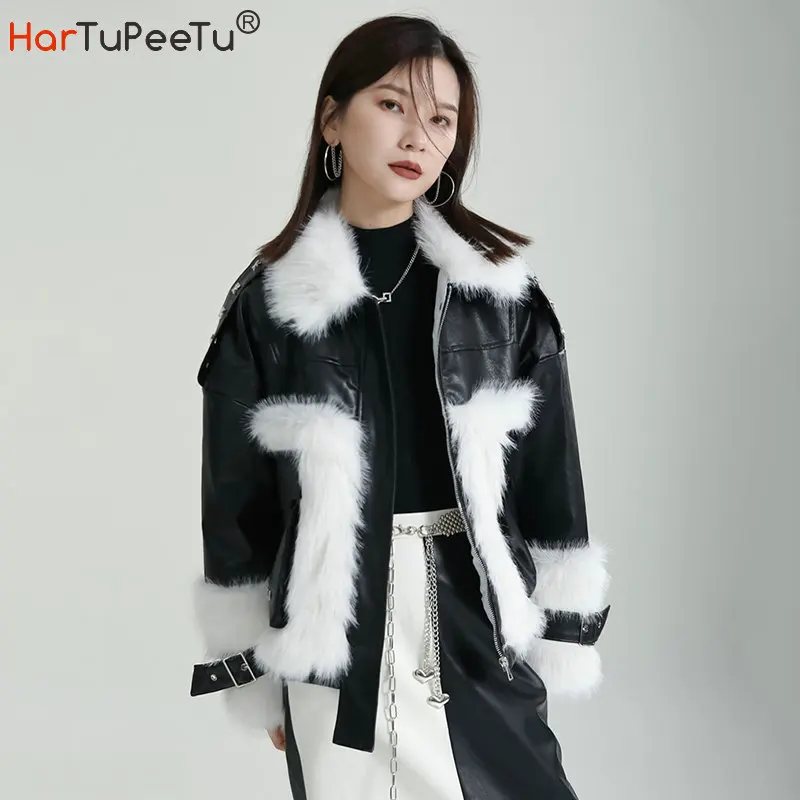 Winter Leather Jacket Women with Fur 2023 New Warm Thick Quilted Coat Black Beige Coffee Short Motorcycle Top