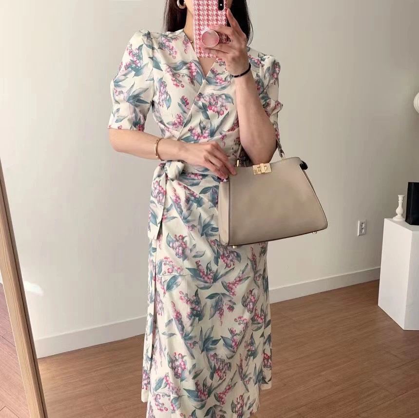 

Lace Up Elegant Women Floral Dress Summer V-Neck High Waist Ruched Folds Ladies Casual Straight Mid Dresses