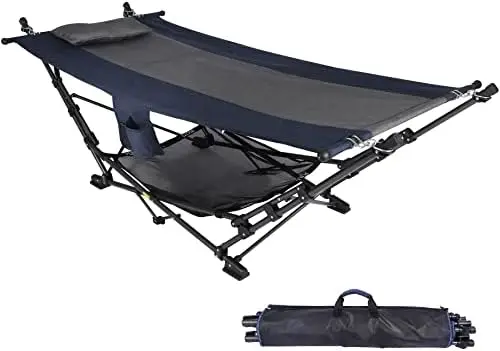 

Hammock with Stand, Freestanding Hammock with Collapsible Steel Stand for Outdoor Yard Beach, Foldable Hammock with Removable Pi