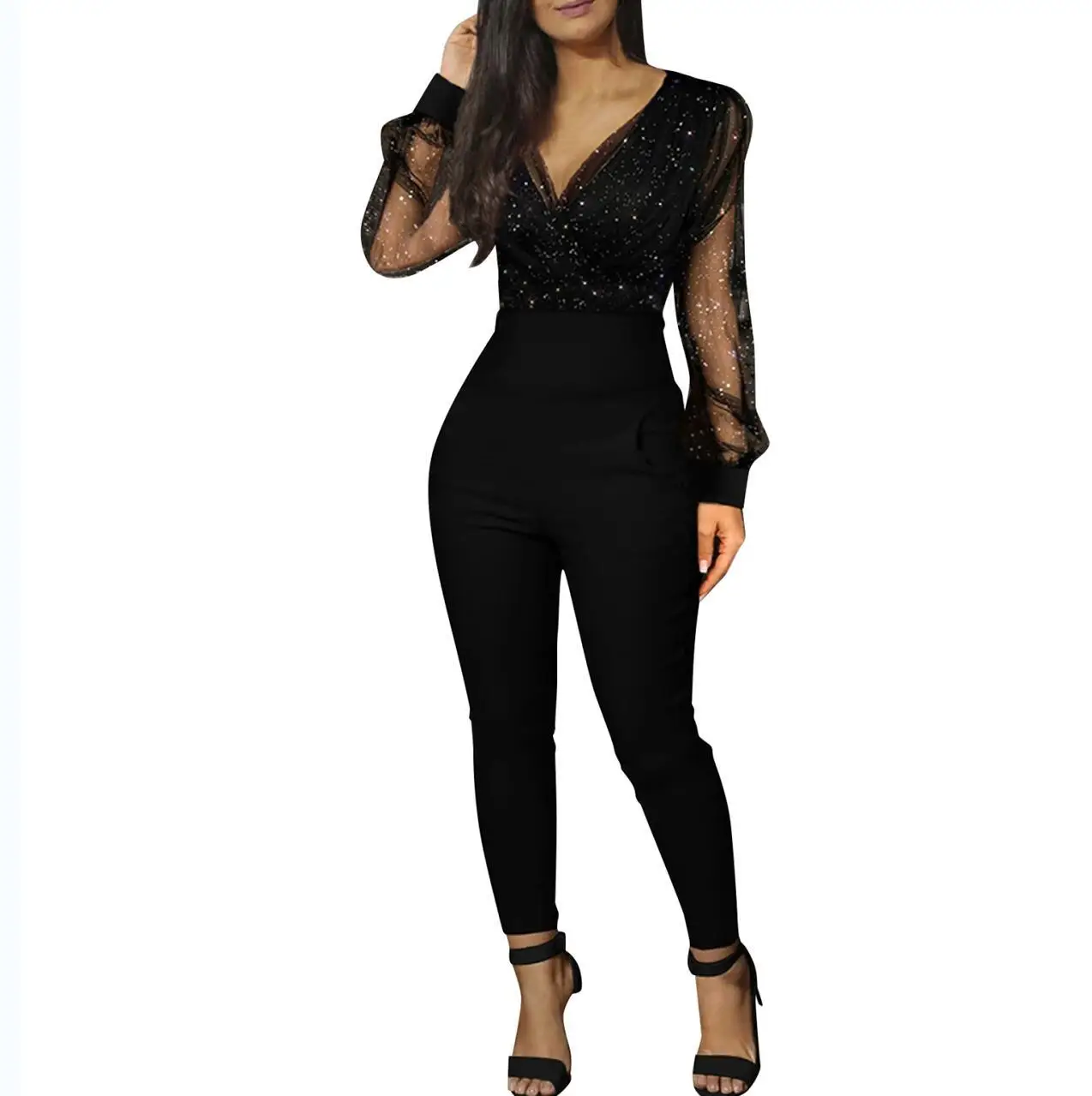 women designer spring 2022 sequin mesh v neck jumpsuit bodycon jumpsuits for women