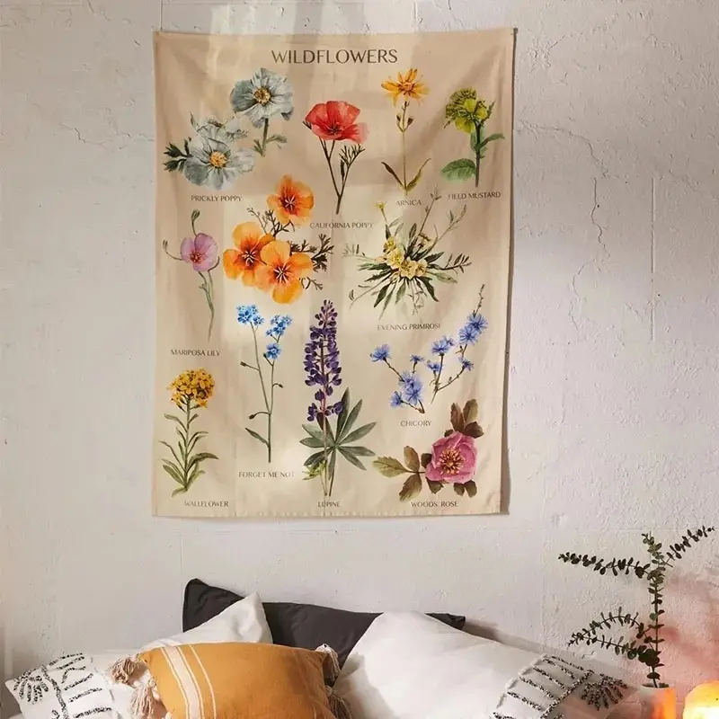 

Wildflower Tapestry Wall Hanging Flower Reference Chart Hippie Bohemian Tapestries Colorful Psychedelic INS Home Decor