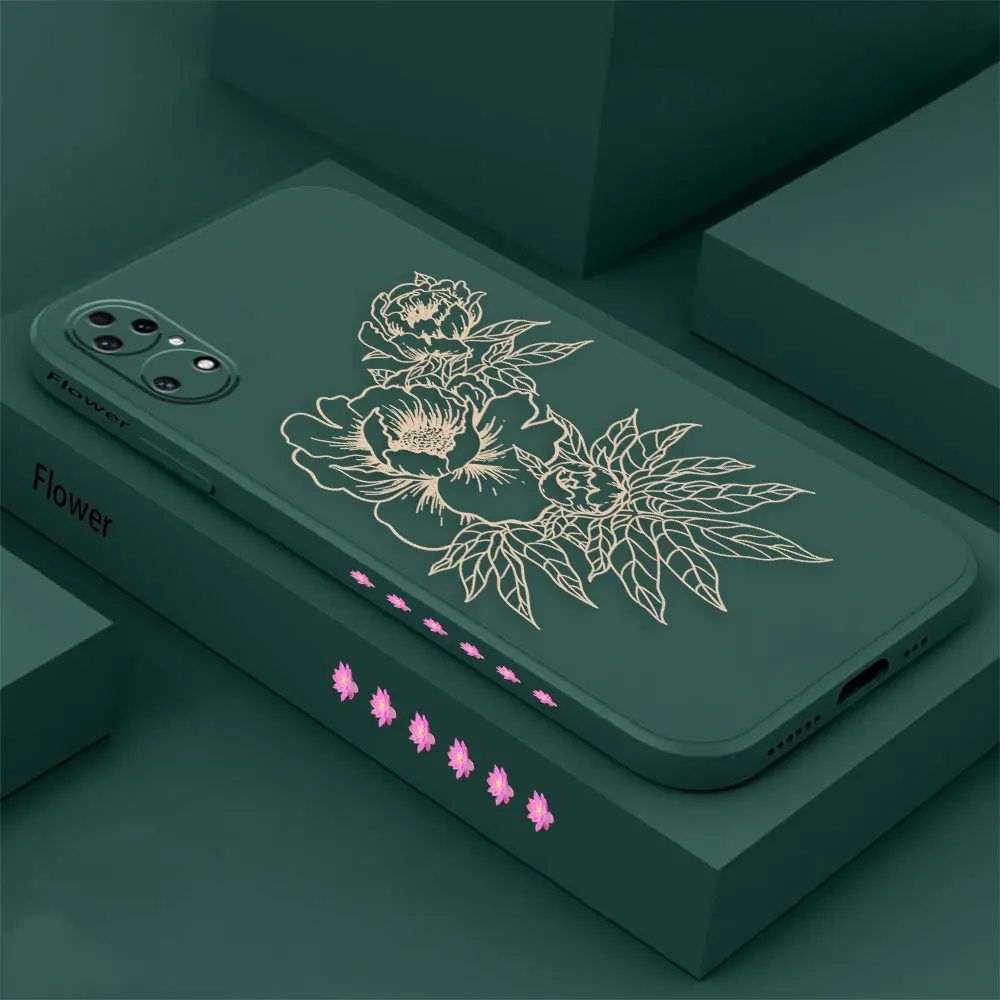 Golden Lotus Flower Phone Case For Huawei P60 P50 P40 P30 P20 Mate 50 40 30 20 20X 10 Colour Liquid Silicone Cover Funda Cqoue