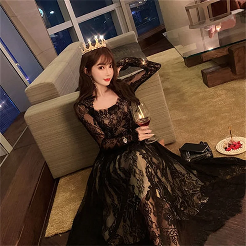 Женское длинное кружевное платье D &amp M элегантное черное в стиле ретро с длинным