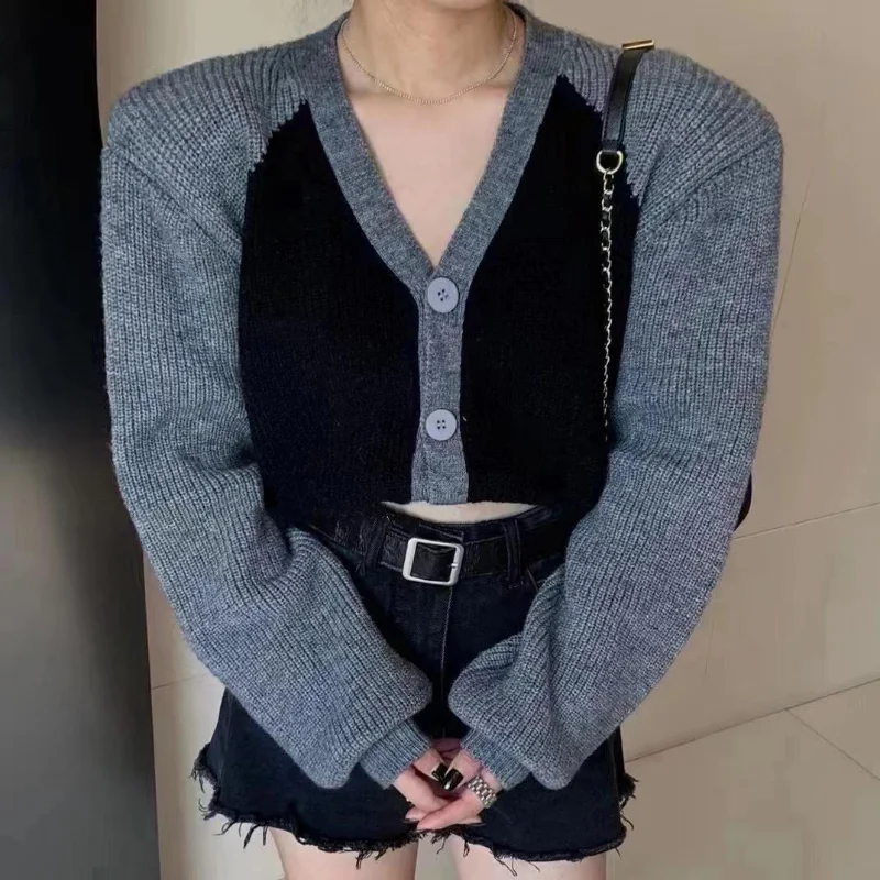 

Korea Style Colorblock Woman Cardigan Loose Knitwear V Neck Long Sleeve Women Cardigans Sweet Sweater Female Top Dropshipping