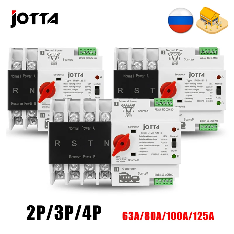 

Jotta W2R-2P/3P/4P 16A 32A 63A 80A 100A 125A 220V ATS Automatic Transfer Switch Electrical Selector Switches Dual Power Switch