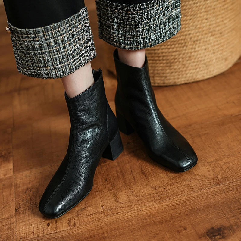Весенне-осенние ботинки из воловьей кожи женская обувь на массивном каблуке