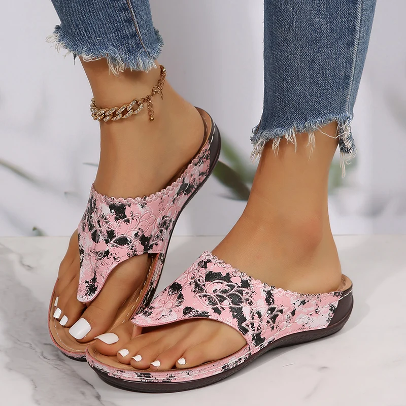 

Summer Flip-flops Women Embroidered Wedges Sandals Retro Outdoor Home Slippers Open-toe Beach Slides Women шлепки женские летние
