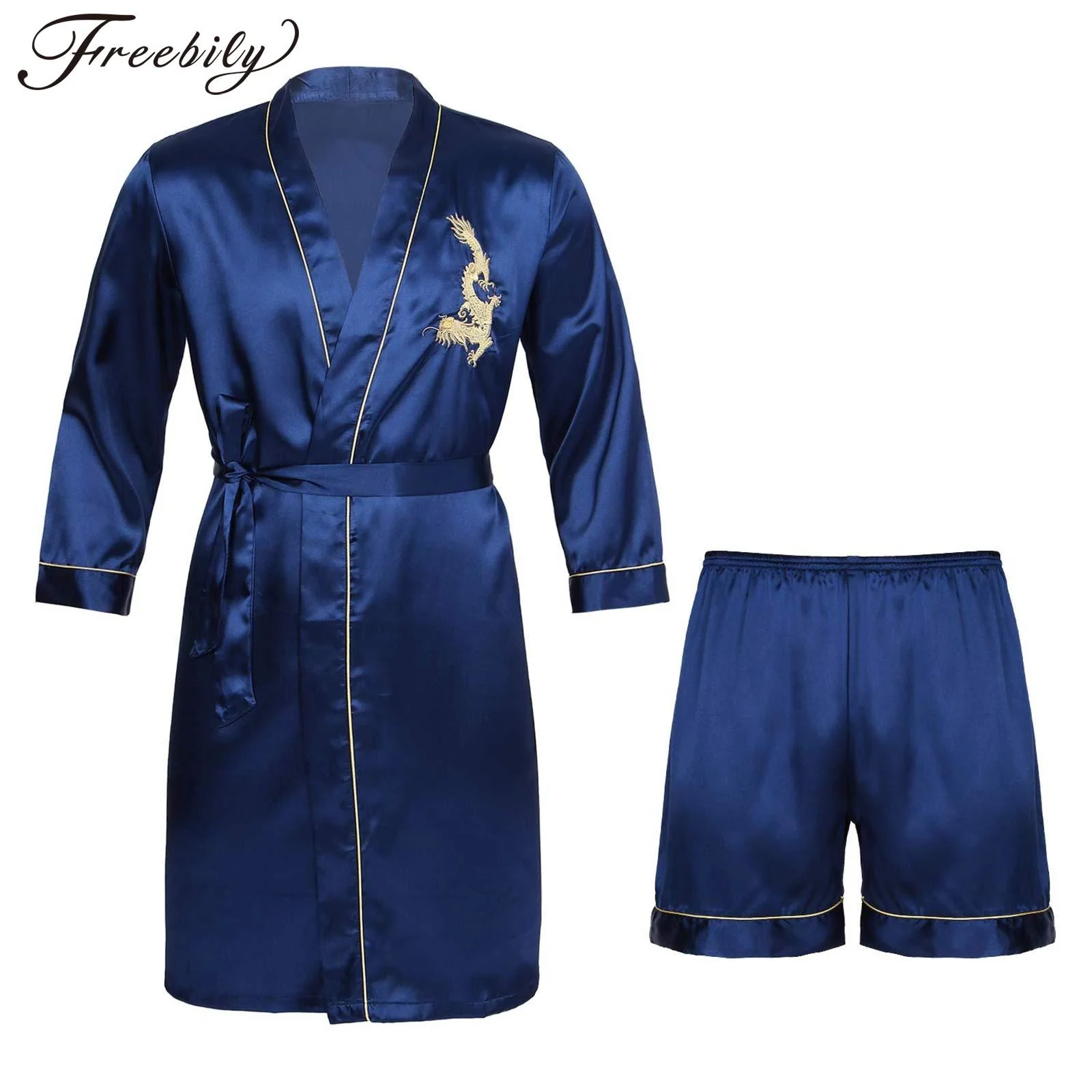 

Mens Satin Dragon Embroideried Casual Long Slves Belted Bathrobe with Shorts 3Pcs Smooth Night-Robe Loungewear Nightwear Suits