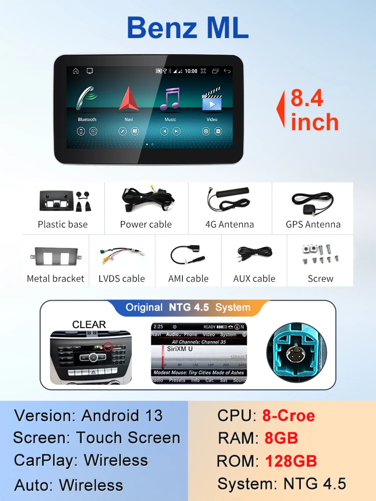 

2024 Новый автомобильный мультимедийный беспроводной Android AUTO CarPlay 9,33-дюймовый 8,4-дюймовый экран для Mercedes Benz M Class W166 ML250 ML350 GL