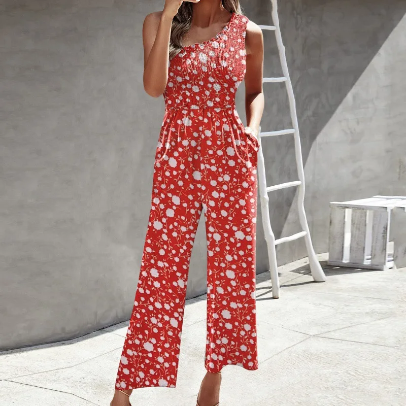 E2022 Autumn And Winter Women Sexy Slanted Shoulder Top Print Waist Wide-leg Loose Trousers