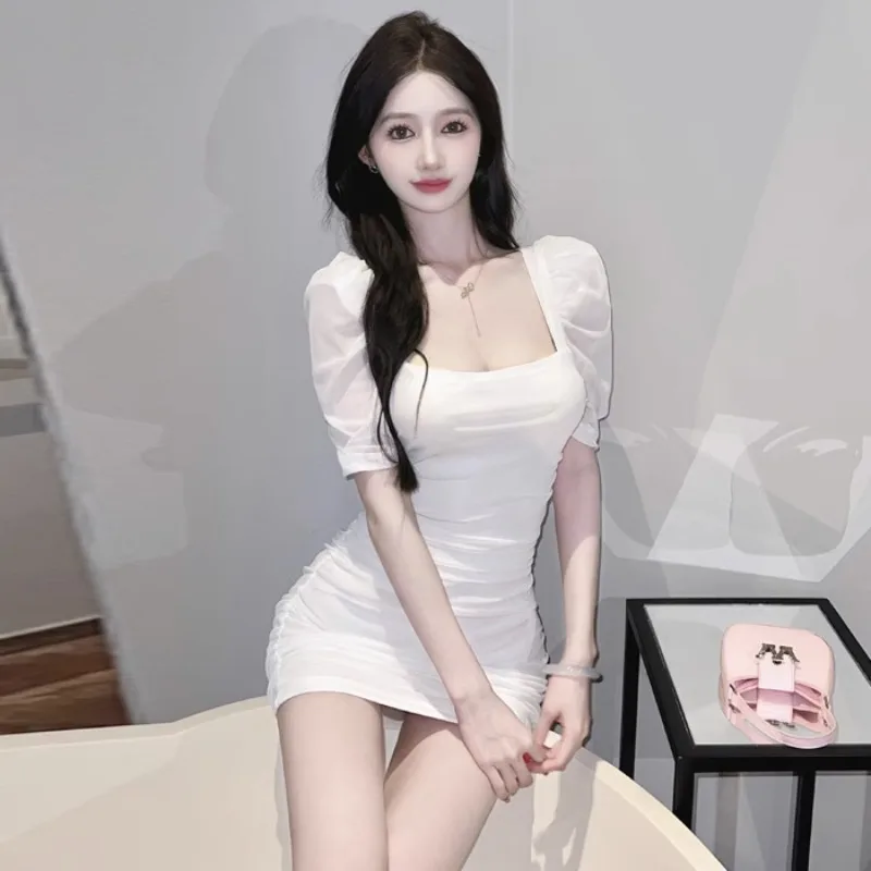 

Women's Dress Mesh Above Knee Puff Sleeve Folds Dresses Solid Color Square Collar Slim Sexy High Waist Vestidos Bodycon Dropship