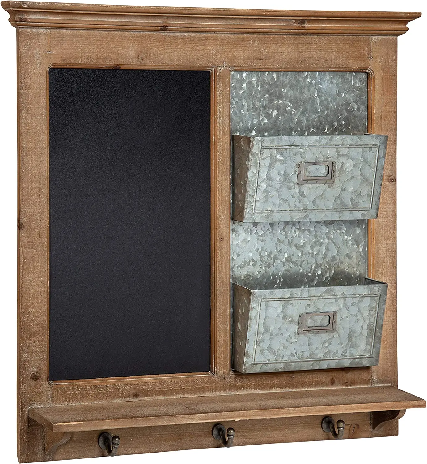 

Idamae Wood Framed Chalkboard Wall Organizer with Mail Holders and Key Hooks, 28" x 25", Rustic Brown, Farmhouse-Inspire