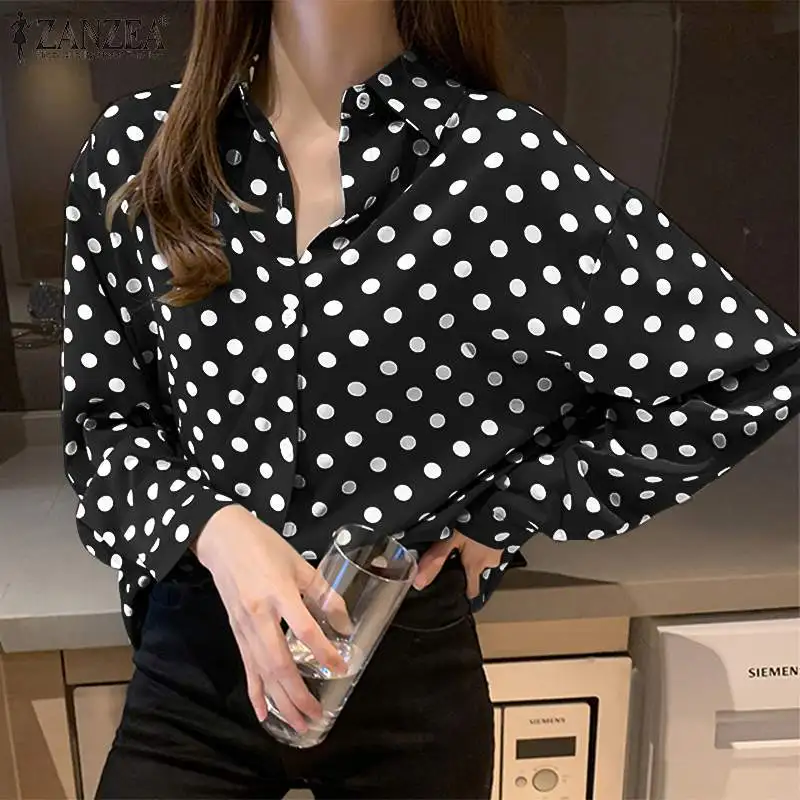 

Весна 2022 блузка в горошек, Женская Повседневная рубашка с длинным рукавом и отложным воротником ZANZEA, винтажная мешковатая офисная рубашка, ...
