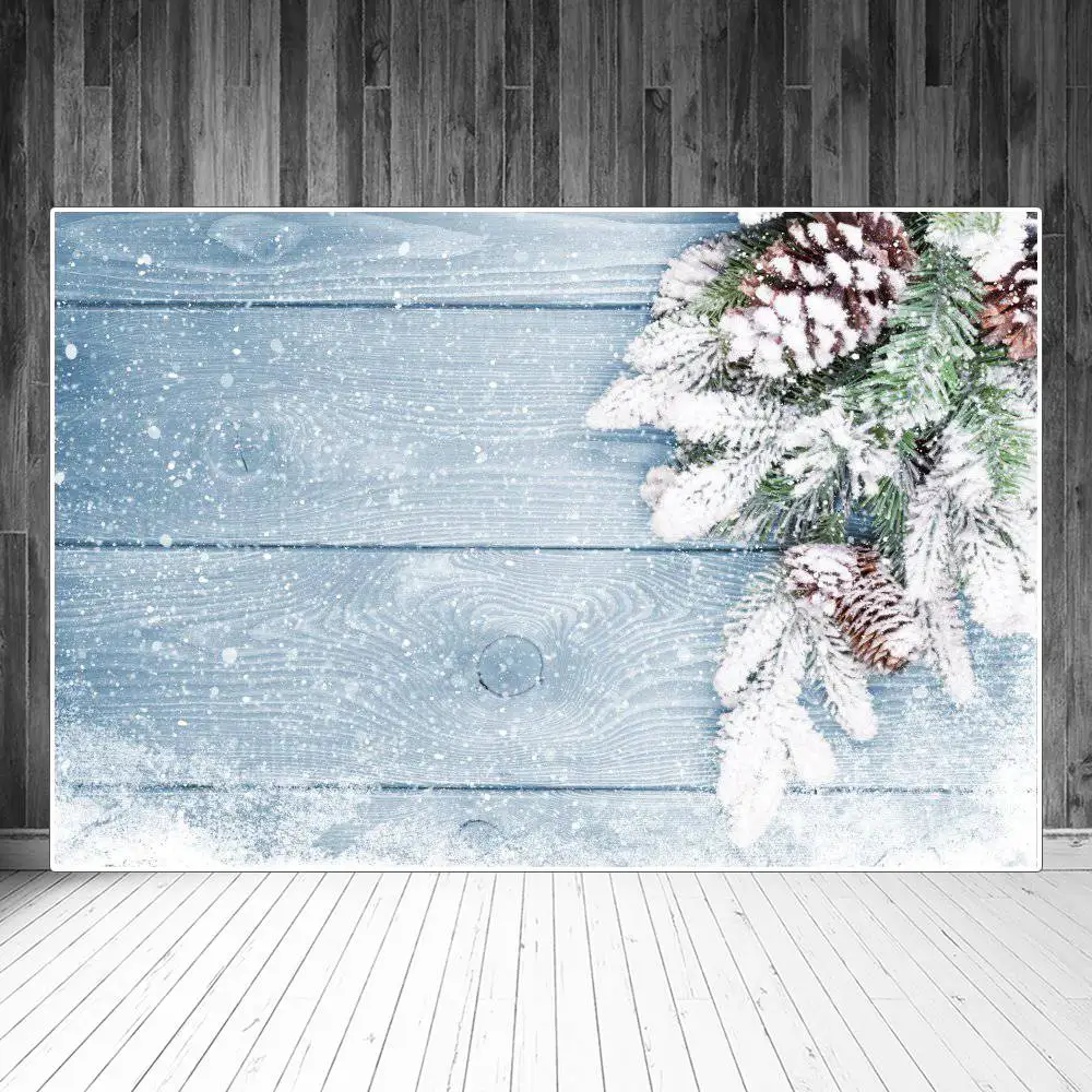 

Christmas Pine Cones Snow Wooden Board Planks Photography Backgrounds Custom Baby Party Decoration Photo Booth Backdrops