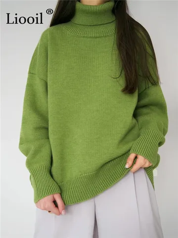 Вязаный свитер Liooil с высоким воротником, женские пуловеры, вязаные топы с длинным рукавом, женский джемпер, уличная одежда на осень и зиму, Мешковатые Свитера