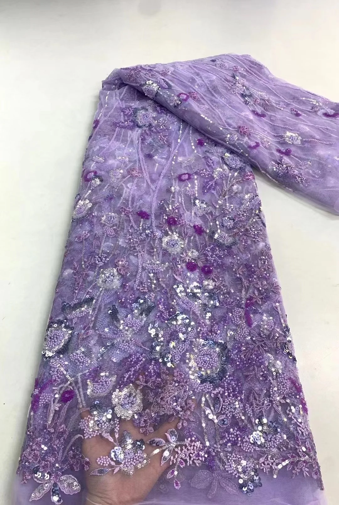 

Purple French Nigerian Beaded Lace Fabrics 2023High Quality Sequins Tulle Lace Material African Laces Fabric For Wedding Sewing