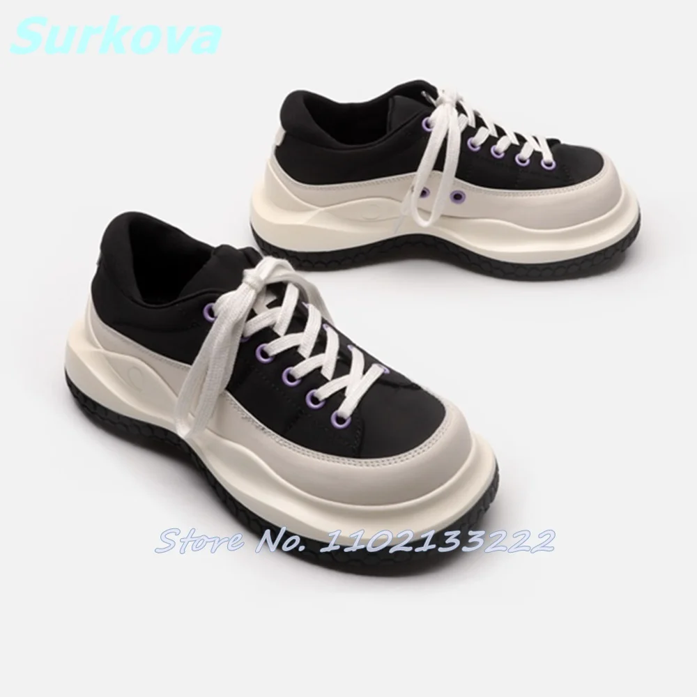 Thick Soled Sneakers Mixed Colors Round Toe Lace Up Women Shoes Newest Fashion Leisure All Match Shoes Comfortable Daily Shoes