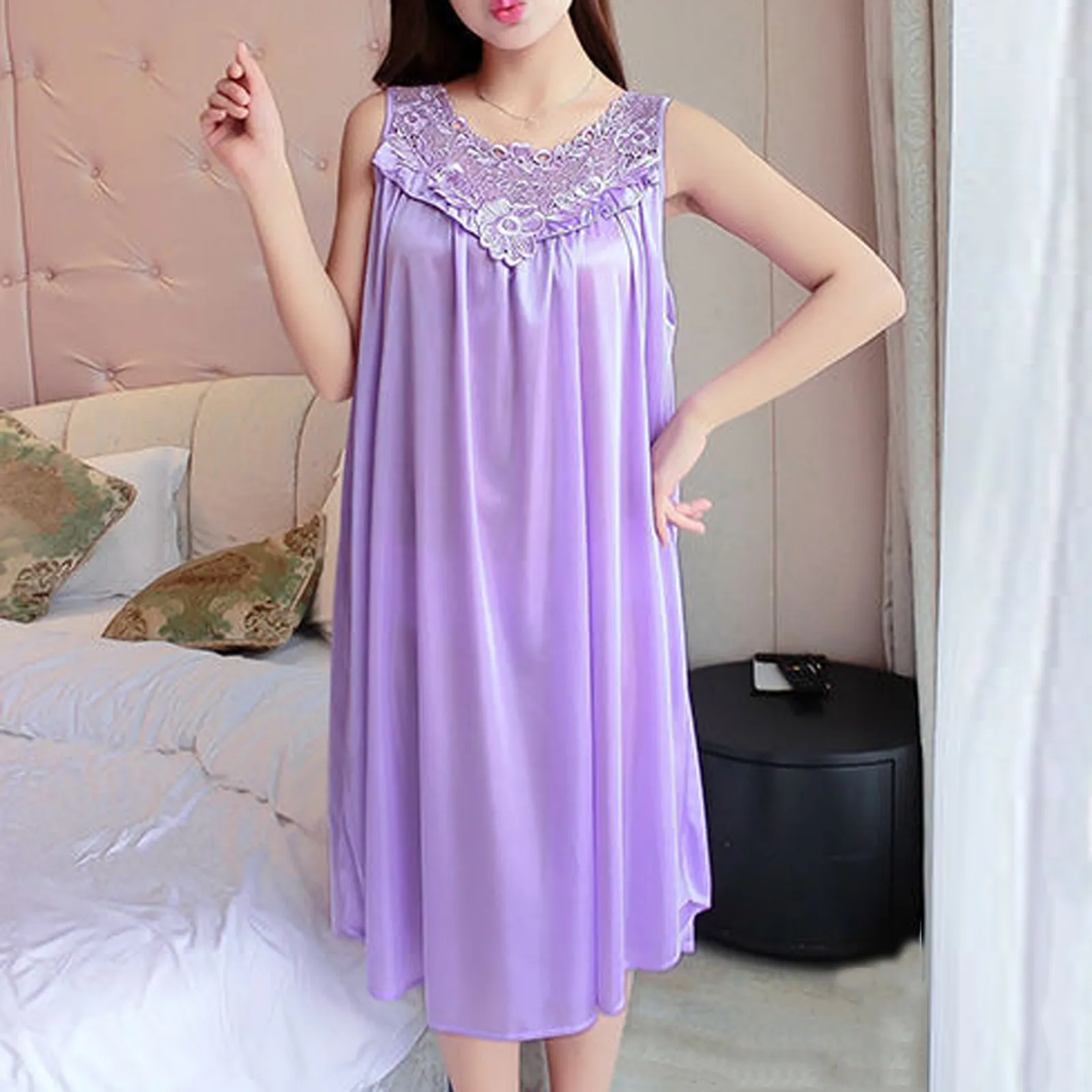 

Personalized Nightshirt Women Casual Solid Dress Sleeveless Round Neck Lace Splice Dress Pullover Loose Dress
