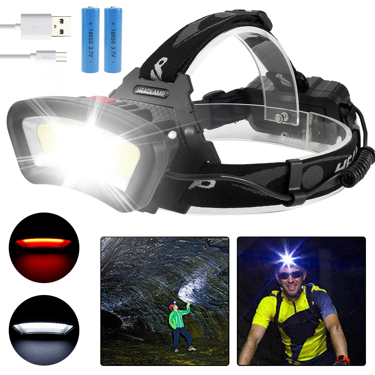 

LED Headlamp 500LM 10W USB Rechargeable COB Headlight w/18650 Battery 4 Lighting Modes 90°Rotation Head Torch IPX4 Waterproof