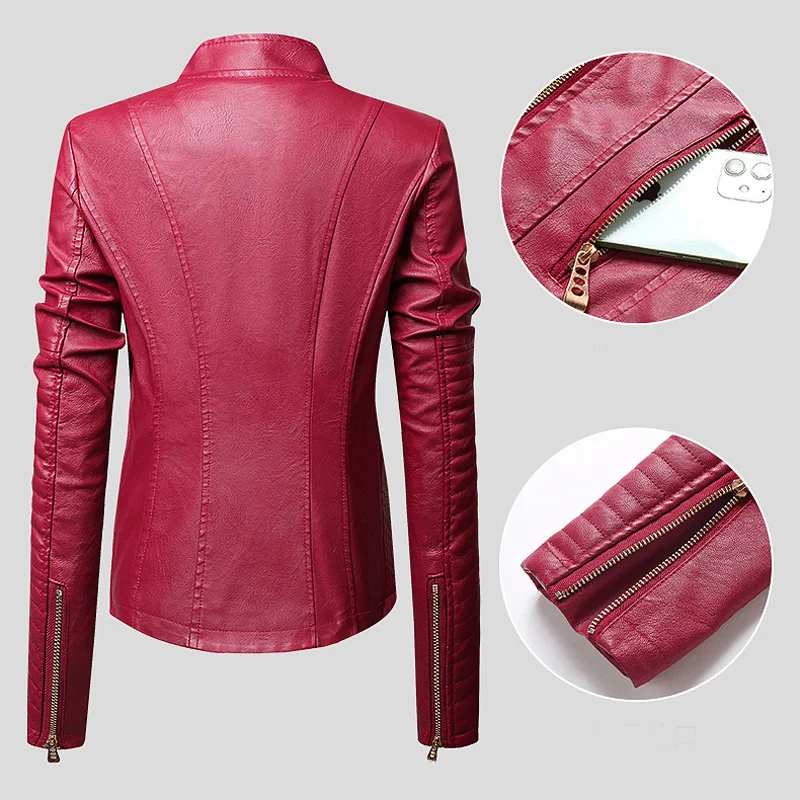 Ladies Pu Faux Leather Jacket Solid Color Zipper Self-cultivation Lapel Punk Short Motorcycle Jacket Spring and Autumn Fashion