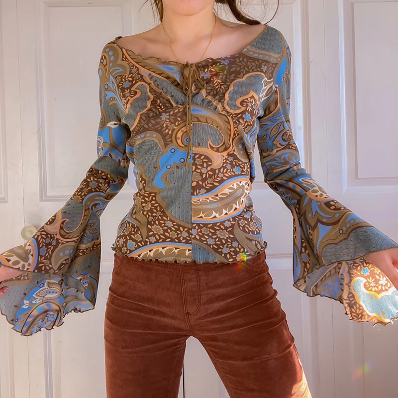 

Autumn Vintage Mesh Crop Tops Women Elegant Flare Sleeve Lace Up T Shirts Ladies Streetwear Grunge Aesthetic Clothes Mujer New