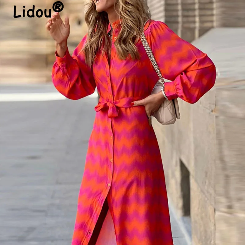 

Женская Офисная однобортная юбка средней длины, Элегантная модная женская одежда с круглым вырезом и длинным рукавом, платье-миди, лето-осе...