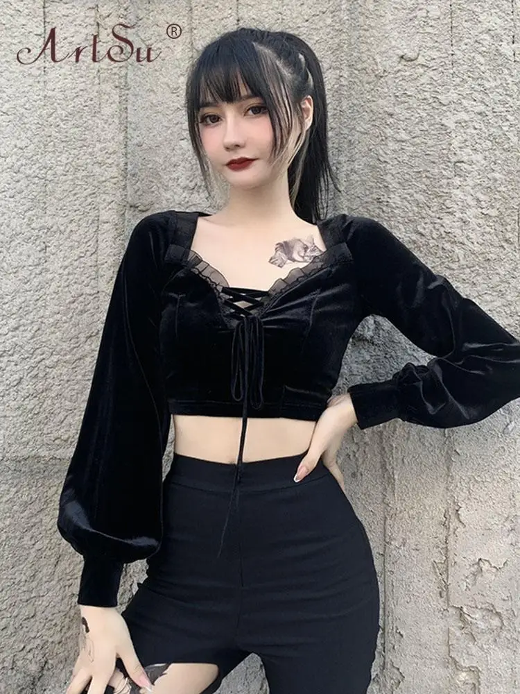 

Женская бархатная блузка ArtSu, облегающая блузка составного кроя с рукавами-фонариками, бандажные кофты, одежда в стиле ретро, ANDYTS453