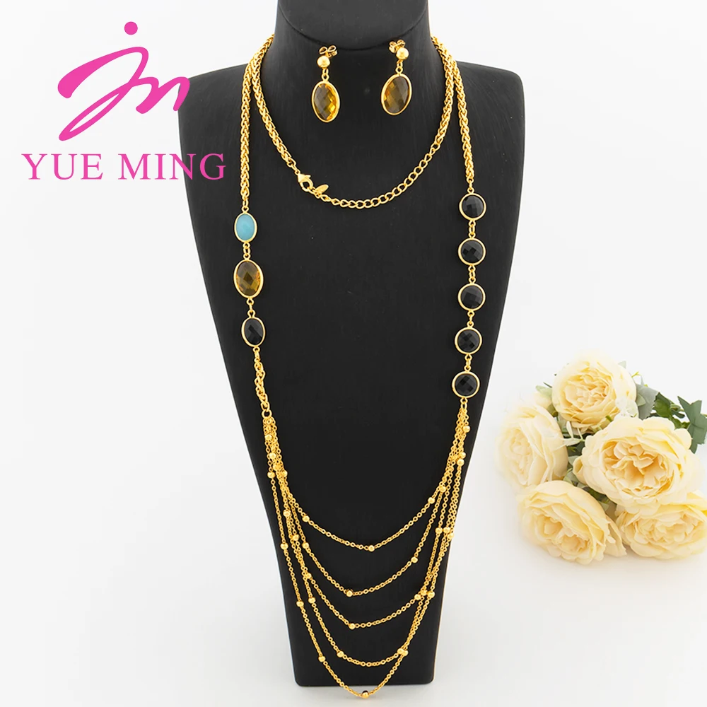 

YM Jewelry Sets for women 120mm Long Chain Fashion Gold Color Round Geometry Pendants Necklace Colored Zircon Earrings For Women