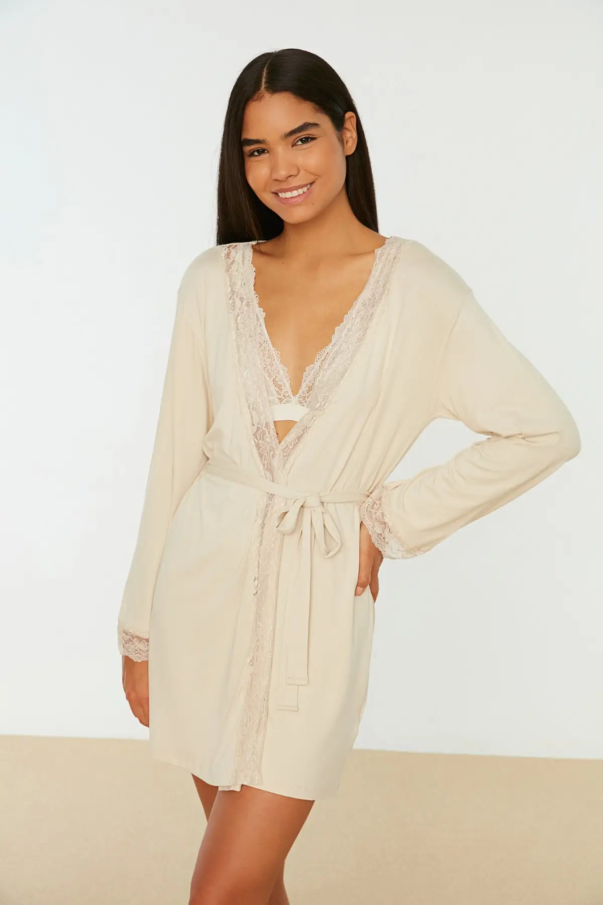 

Dressing Gown Ecru Lace Detailed Knitted Fashion Robe Robe Robe Robe Sexy Peignoir Kimono Bride Sleepwear Night Gown