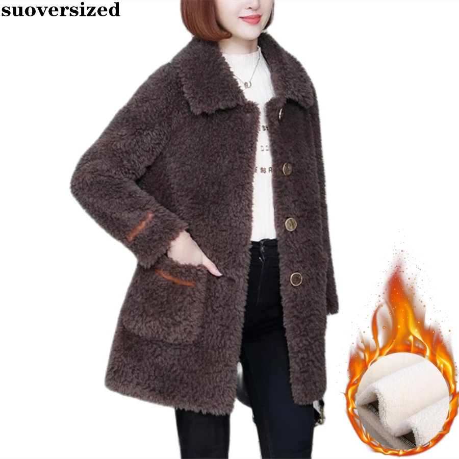 

Mid-length Winter Warm Thicken Fleece Teddy Coat Women Lamb Fur Overcoat Furry Loose Snow Jacket Casual Korean Plush Outwear New