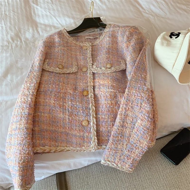 Pink Tweed Jacket Spring / Autumn Women's Jacket Coat Classic Ladies Wild Ladies Bright Wire Braided Tweed Jackets Coats E216