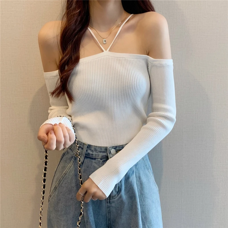 

Sweater Mujer 2022 Sexy Off Shoulder Slim Knitted Sweaters Long Sleeve Pull Femme Autumn Vintage Chandails White Black Top Women