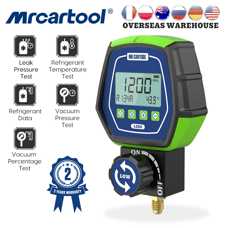 MRCARTOOL L202 Air Conditioner Refrigerant Leak Tester Pressure Gauge Kit HVAC Vacuum Temperature Tester Digital Manifold Meter