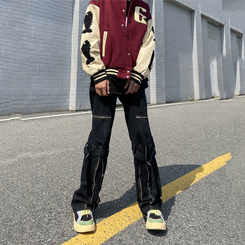 Emo Men Black Streetwear Gothic Straight Wide Leg Cargo Pants Y2K Alt Harajuku Baggy Trousers Low Rise Jeans Overalls Clothes