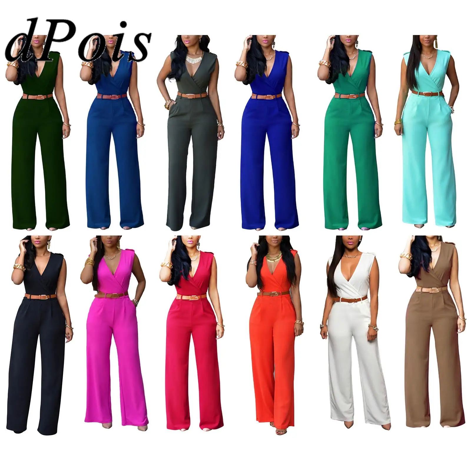 

Womens Sexy Solid Color High Waist Jumpsuit V Neck Sleeveless Wide Leg Pant with Waist Belt Jumpsuits Trousers
