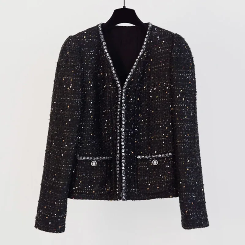 

2022 Runway Luxury Black Sequins Tops Set Women Elegant V Neck Blazer 2 Pocket Single Breasted Sleeveless Short Vest Top Quality
