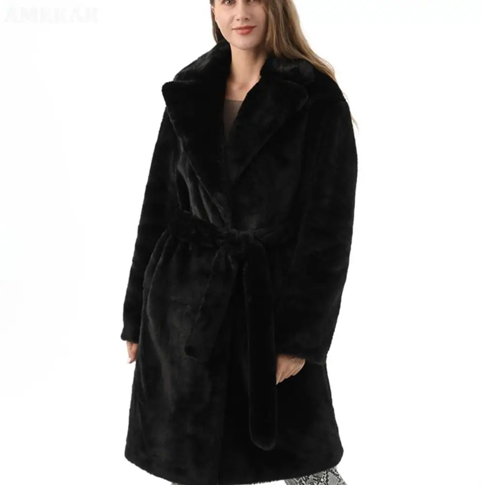 Women Thicken Real Mink Fur Cardigan Windbreaker  Fashion Long Coats With Belted Pure Color Teddy Suede Fur Jackets For Women