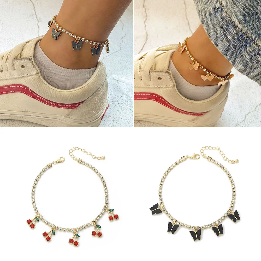 

2022 Acrylic Rhinestone Chain Butterfly Anklet for Women Charm Crystal Ankle Bracelet Summer Beach Foot Chain Barefoot Jewelry