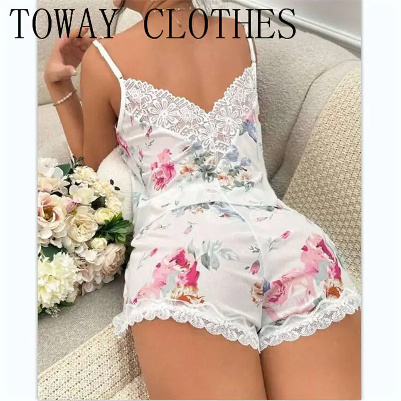 

Пижамный комплект Y2K с цветочным принтом, женские милые топы на бретельках, летняя пижама из двух предметов для отдыха, домашний пижамный комплект с кружевными вставками