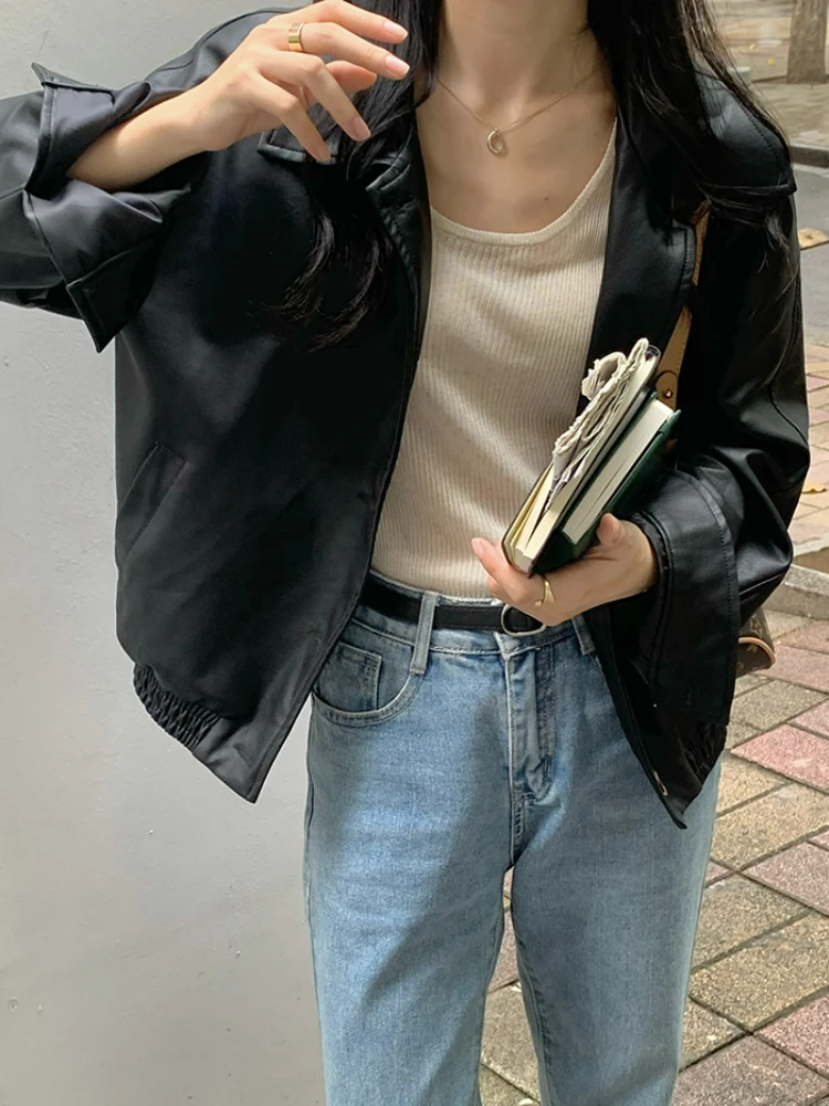 Vintage Korean Leather Jacket Women 2022 Autumn Warm Long Sleeve Loose Biker Coats Female Black Streetwear Chic Jacket Outerwear