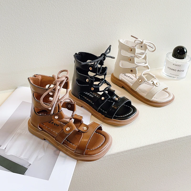 

Kids Fashion Girls Sandals Versatile PU Open-toe Non-slip Lace-up 2023 New Simple Roman Shoes Back Zip Children Shoes GLADIATOR