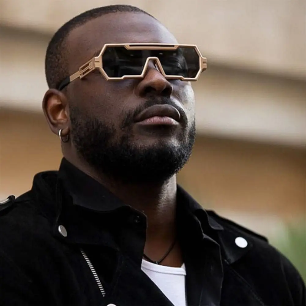 

Солнцезащитные очки в стиле стимпанк мужские, Металлические Модные темные очки в большой оправе в стиле панк, с защитой UV400, квадратные Асимметричные