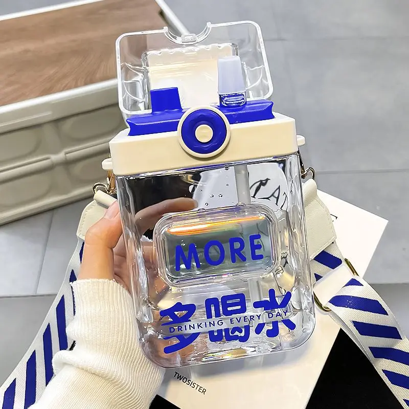 

Cute Flat Water Bottle with Strap Straw 3D Sticker 850ml BPA Free Kawaii Plastic Coffee Boba Milk Tea Portable Gym Drink Bottle