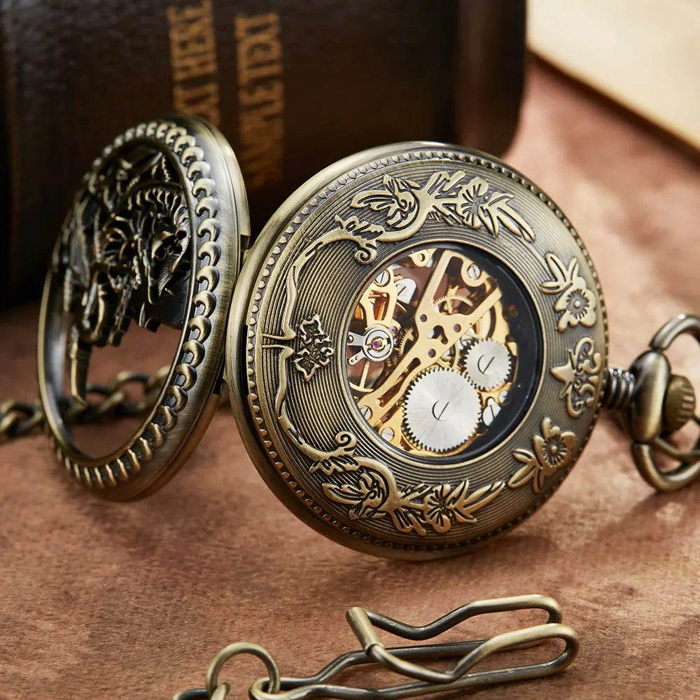 Bronze Hollow Unique Dragon Phoenix Sculpture Mechanical Retro Pocket Watch Luckly Symbol Roman Skeleton Mechanical Pocket Watch