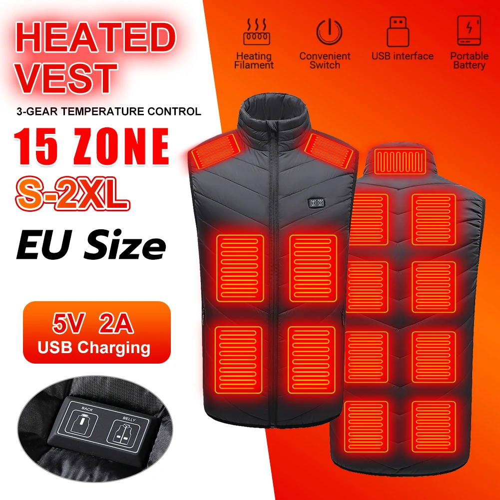 

Universal Heated Vest Jacket 15 Heating Areas Zones For Men Women USB Infrared Winter Warm Vest Waistcoat For Outdoor Riding