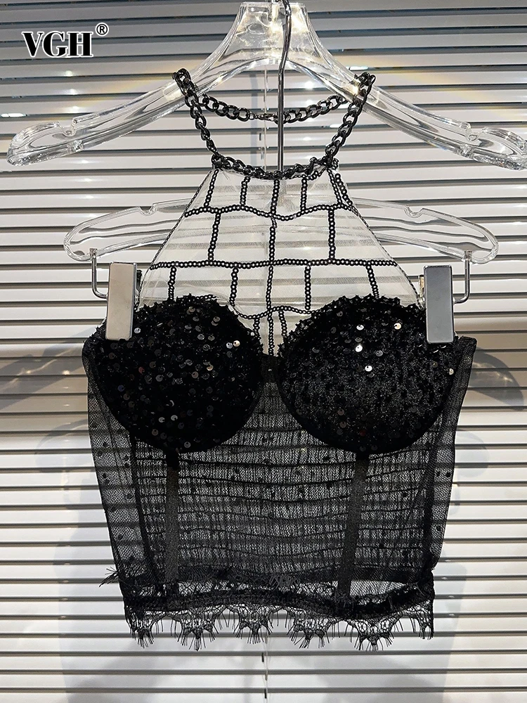 

Женский сетчатый жилет VGH, однотонный облегающий жилет с бретелькой через шею, Туника без рукавов с открытой спиной и соединением цепочкой, 2019