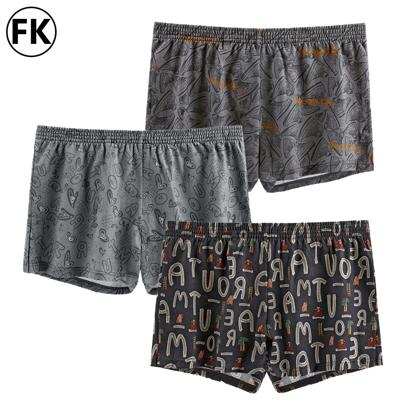 

FK Men Casual Boxer Shorts Printed Male Arrow Pants Home Wear Pajamas Pants Man Breathable Loose Underpants Sleepwear 3Pcs